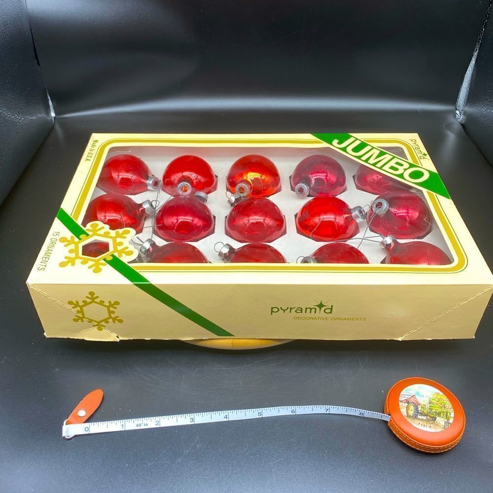 Pyramid jumbo glass vintage Christmas tree ornaments in a box of 15